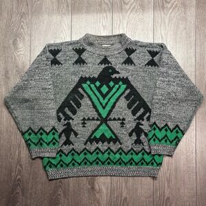 Vintage Thunder Bird Knit Sweater Grey Green Medium 1980s Nature